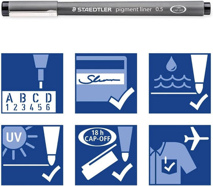 Staedtler Pigment Liner Pack, Black, 8 Pens, Assorted Line Widths, 0.05mm, 0.1mm, 0.2mm, 0.3mm, 0.5mm, 0.8mm, 1.0mm, 1.2mm