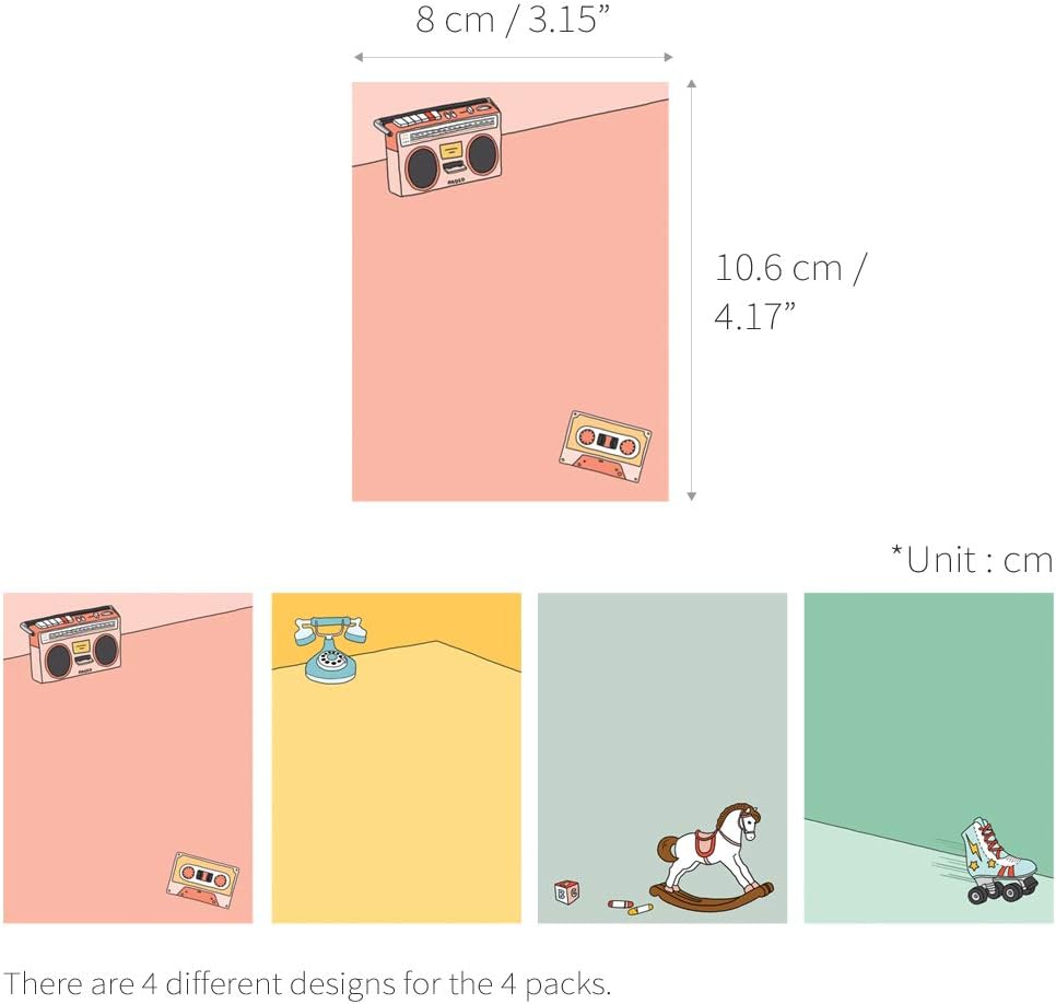 Monolike Memopad Memories design B SET - 4 Packs, 4 Different Designs, 100 Sheets Per Pad, Total 400 Sheets, Note pads, Writing pads, 3.15 x 4.17 Inches