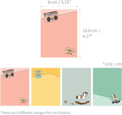Monolike Memopad Memories design B SET - 4 Packs, 4 Different Designs, 100 Sheets Per Pad, Total 400 Sheets, Note pads, Writing pads, 3.15 x 4.17 Inches