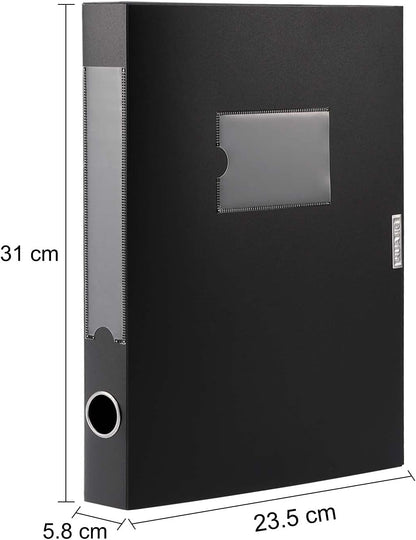 HUA JIE A4 Storage File Boxes Plastic Archives Cases with Lid, File Folder Organizer Document Filing Box for office,31×7.5×23.5 cm, Black(Pack of 4)