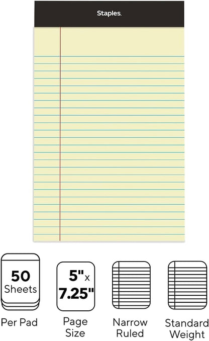 STAPLES Notepads, 5” x 8”, Narrow Ruled, White, 50 Sheets/Pad, 12‑Pack