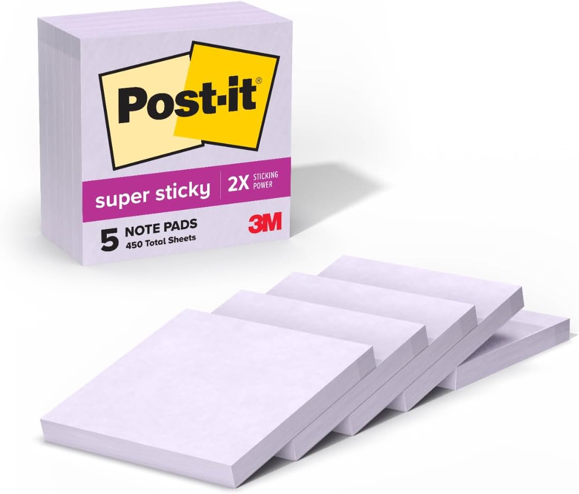 Post-it Super Sticky Notes, 5 Sticky Note Pads, 3 x 3 in., School Supplies, Office Products, for Vertical Surfaces, Monitors, Walls and Windows, First Snow White