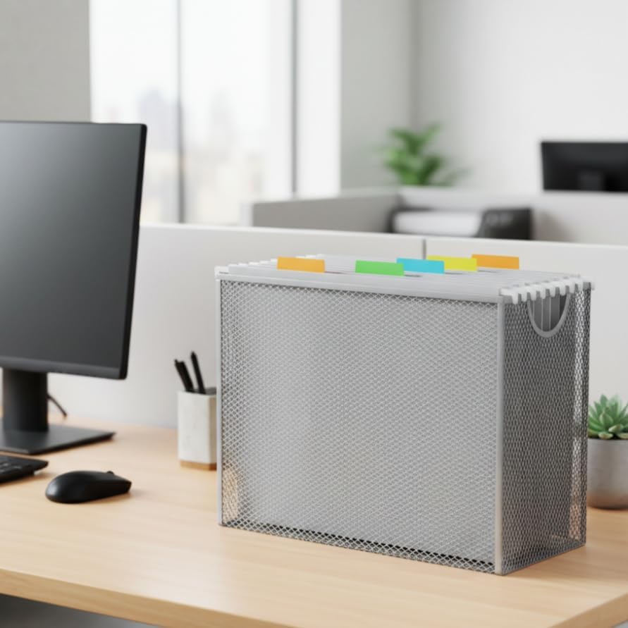 Hanging File Organizer, Letter-Size File Holder Filing Box with 5 Hanging Folders, Metal Mesh Desk File Folder Storage(No Assembly Required) (with 5 Grey Folders)