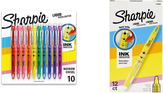 SHARPIE Liquid Highlighters Chisel Tip, Fluorescent Yellow 12 Count and Assorted Colors 10 Count Bundle