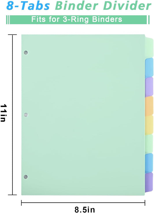 8-Tab Binder-Dividers with Tabs, Write & Erase Divider Tabs for 3 Ring Binders with 3 Holes 8 Pastel Colors, 16pcs, (8 Tabs-2 Pack)