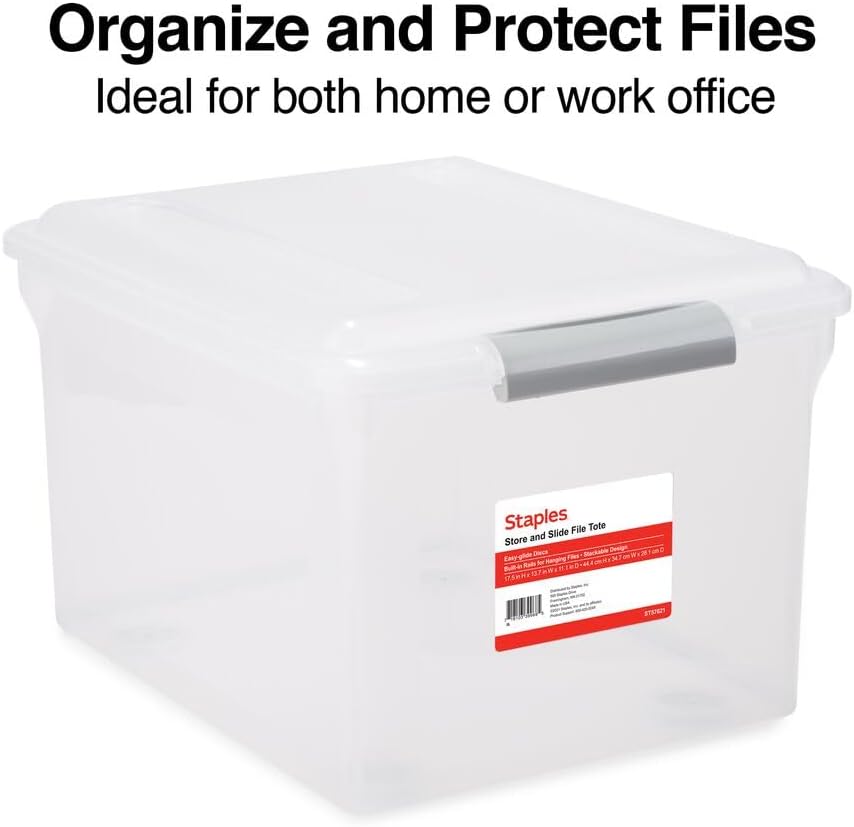 STAPLES Plastic File Box with Snap Lid, Letter/Legal Size, Clear, 4/Carton