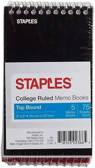 STAPLES Memo Pads, 3” x 5”, College Ruled, Assorted Colors, 75 Sheets/Pad, 5‑Pack