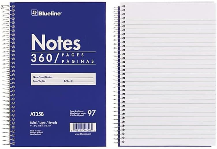 Blueline Steno Pad/Note Pad, Spiral Binding with Flexible Blue Cover, 9 x 6 x 0.813 Inches, 360 Pages (AT35B)