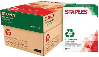 Staples 100% Recycled 8.5-Inch x 11-Inch Copy Paper 20 lbs 92B 500/Ream 10 Ream/Count, For Office, School & Home