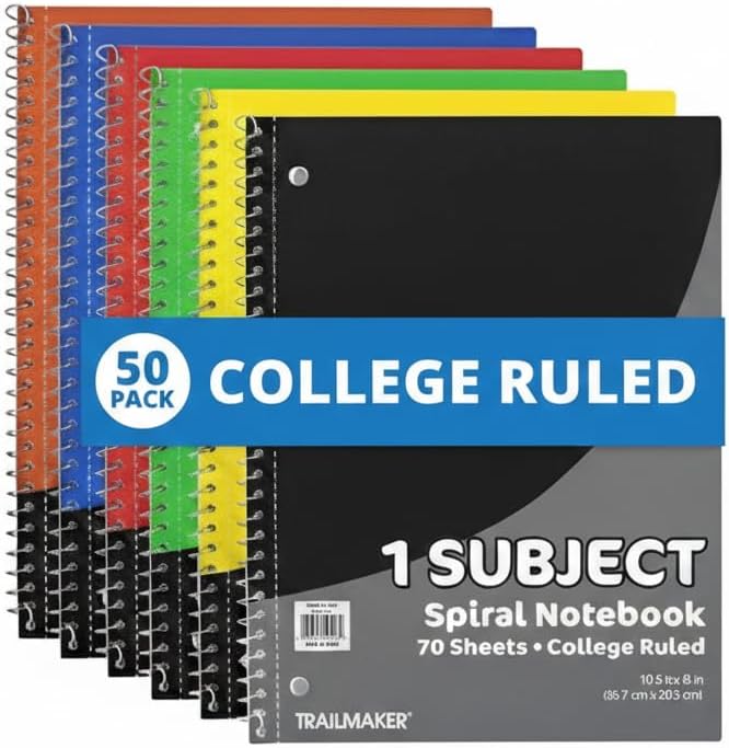 Trail maker Bulk Notebooks (50 Pack), One Subject Notebooks College Ruled, 140 Pages (70 Sheets),Spiral Bulk Notebooks for Kids, School Supplies, Journaling, Note Taking, Students, and Work