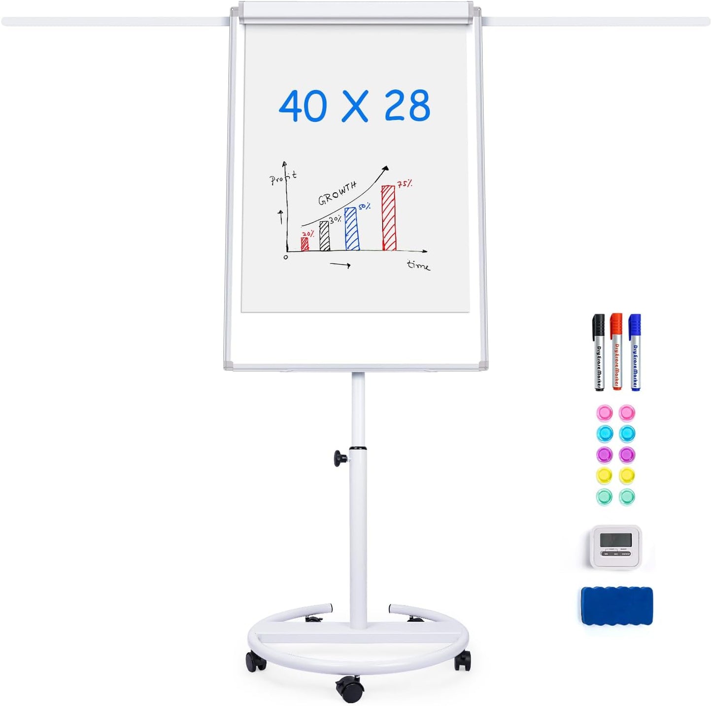 maxtek Mobile Dry Erase Board – 40x28 inches Magnetic Portable Whiteboard Stand Easel White Board Flipchart Easel Board with 25 Sheets Paper Pad for School Supplies