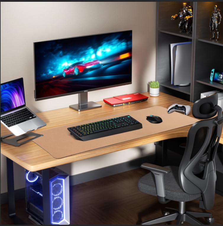 Large Desk Mat 47.2" x 17" Leather Desk Pad Protector with Natural Cork & PU Leather, Non-Slip Office Desk Mat, Large Mouse Pad, Waterproof Desk Blotter pad for Office&Home(Black)