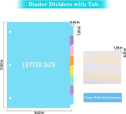 3 Ring Binder Dividers with TAB,48PCS/6 Set Plastic File Dividers,8 Tab 3 Hole Punch Dividers,Pastel Color,Letter Size,6 Sets
