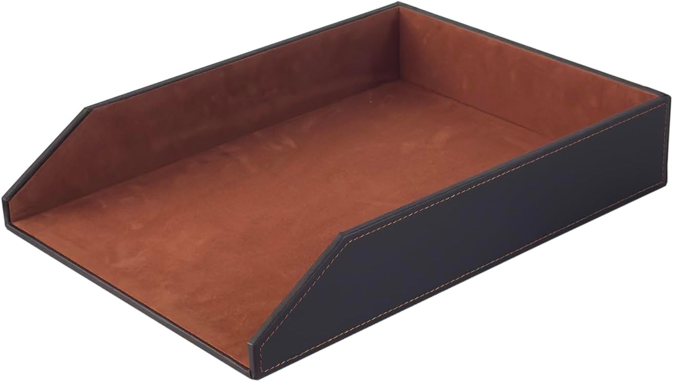 UnionBasic Stackable Document Paper Letter Tray, Faux Leather Desktop File Sorter Organizer Tray, Brown