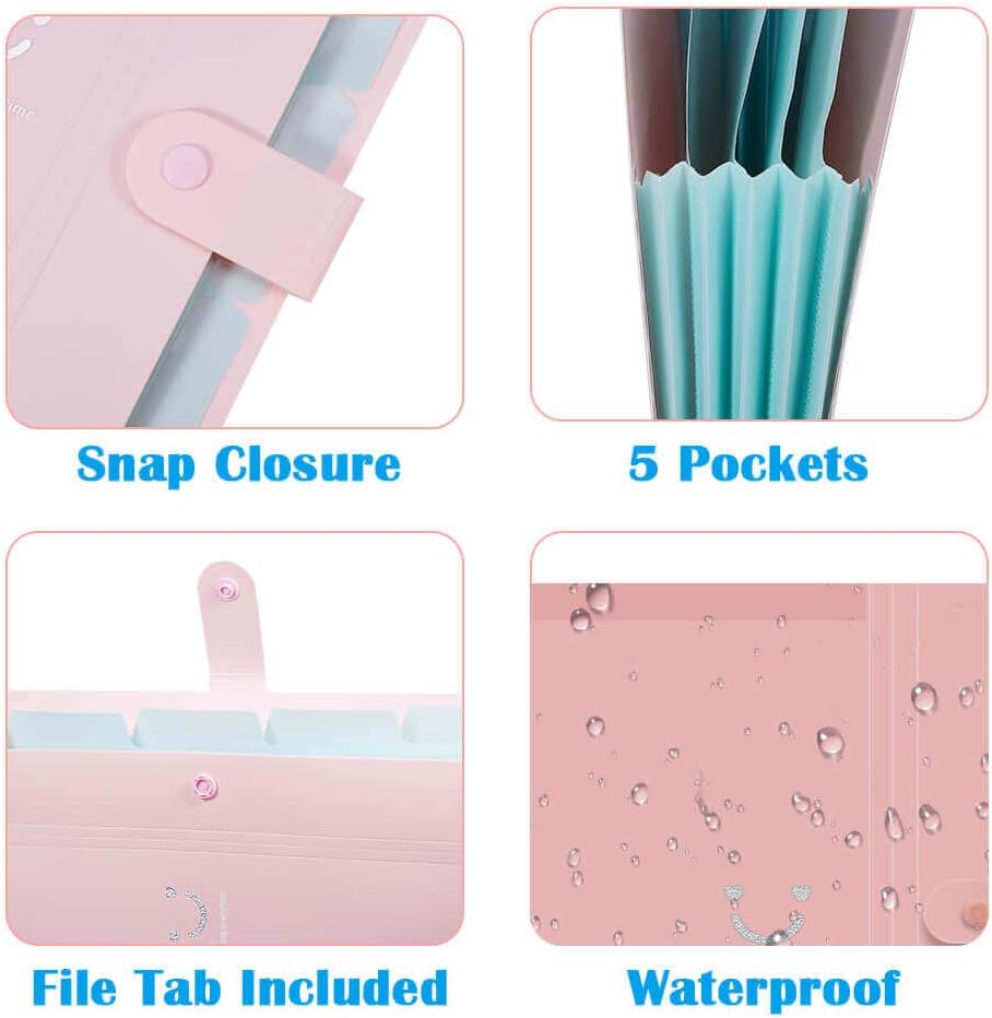 Selizo 6 Pcs Expanding File Folder with 5 Pockets Organizer Plastic A4 Size and 168 Pcs File Folder Labels for School Teacher and Office