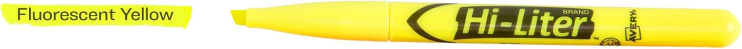Avery Hi-Liter Pen-Style Highlighters, Smear Safe Ink, Chisel Tip, 12 Fluorescent Yellow Highlighters (23591)