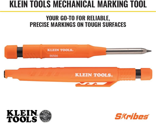 KLEIN TOOLS 80188 Skribes 2.8 mm Mechanical Carpenter Pencil with Built-In Sharpener and 10-Pack Graphite Lead Refills, for Deep Hole Marking for Woodworking and Construction