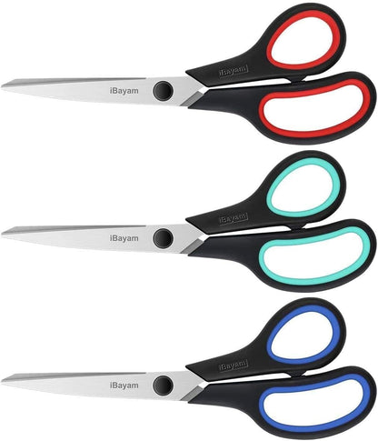 Scissors, iBayam 8" All Purpose Scissors Bulk 3-Pack, Ultra Sharp 2.5mm Thick Blade Shears Comfort-Grip for Aesthetic Fun Cute School Office Teacher Desk Crafts and Art Supplies Accessories Essential