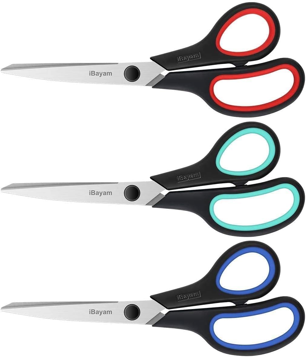 Scissors, iBayam 8" All Purpose Scissors Bulk 3-Pack, Ultra Sharp 2.5mm Thick Blade Shears Comfort-Grip for Aesthetic Fun Cute School Office Teacher Desk Crafts and Art Supplies Accessories Essential