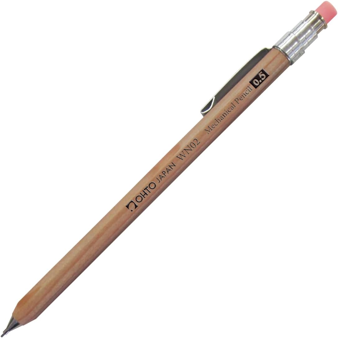 OHTO WN02 Wooden Mechanical Pencil, 0.5mm Fine Point, Mini-Sized Barrel with Clip, Natural Body, Made from Incense Cedar, WN02-SP5-NT
