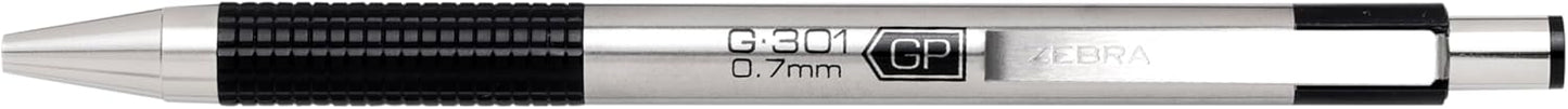 Zebra Pen F-301 Ballpoint Black, Blue, Red and Green Ink, Fine Point 0.7mm Pen, Easy-Glide Ink, Stainless Steel Retractable, Non-Slip Grip, Professional Design, Ideal for Office, 4-Pack (27174)
