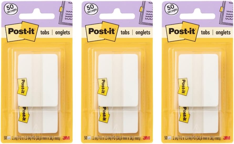 Post-it Sticky Tabs, 2 in. x 1.5 in., 2 Pads of Book Tabs for Bookmarking, Annotating, Reading, and Reminders, White (50 Total Count)