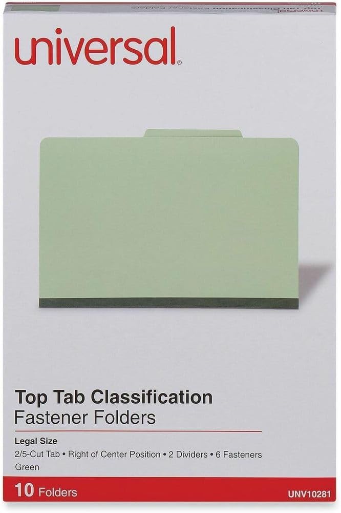 Universal Pressboard Classification Folder, Legal, Six-Section, Green, Case Pack of 10 (10281)