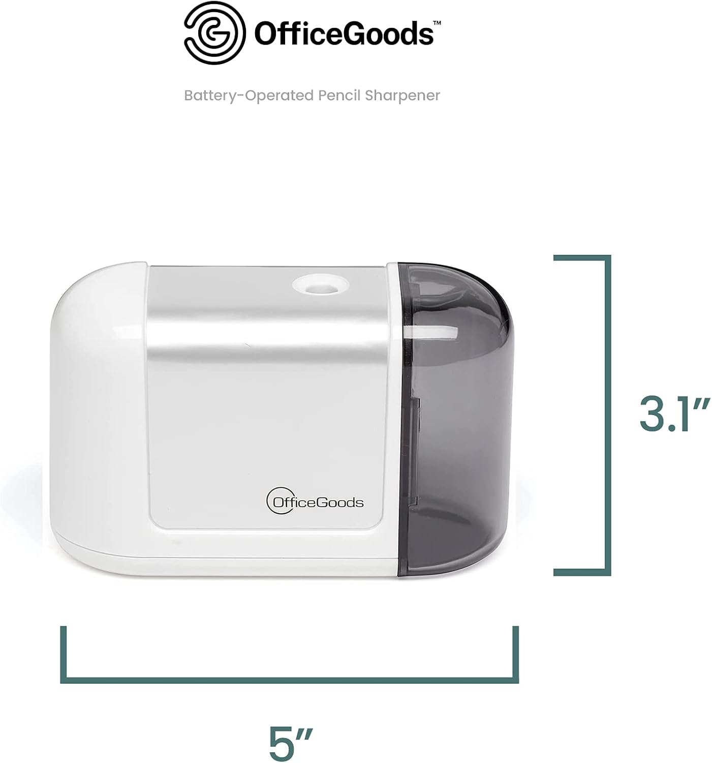 OfficeGoods Mini-Pro Electric Pencil Sharpener - Cordless Portable Sharpener - Battery Operated - Compact & Powerful for Home, Office & School - White