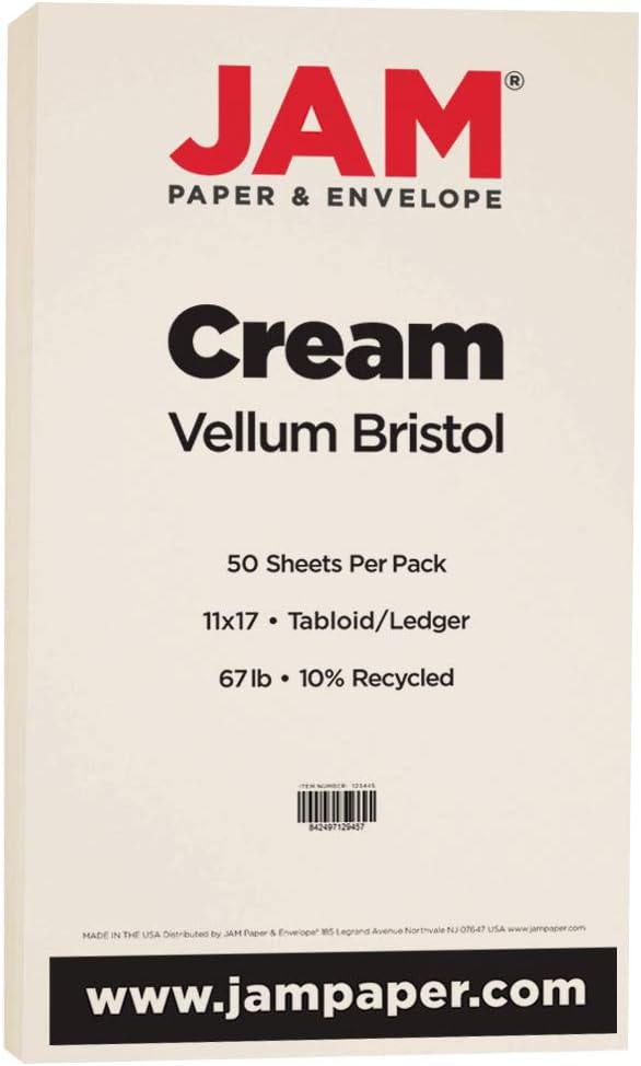 JAM PAPER Vellum Bristol 65lb Cardstock - 8.5 x 11 Coverstock - 147 gsm - Cream - 50 Sheets/Pack