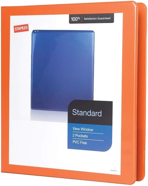Staples Standard 2-Inch 3-Ring View Binder, Holds Up to 450 Sheets, Orange, Durable Binder for Office & School