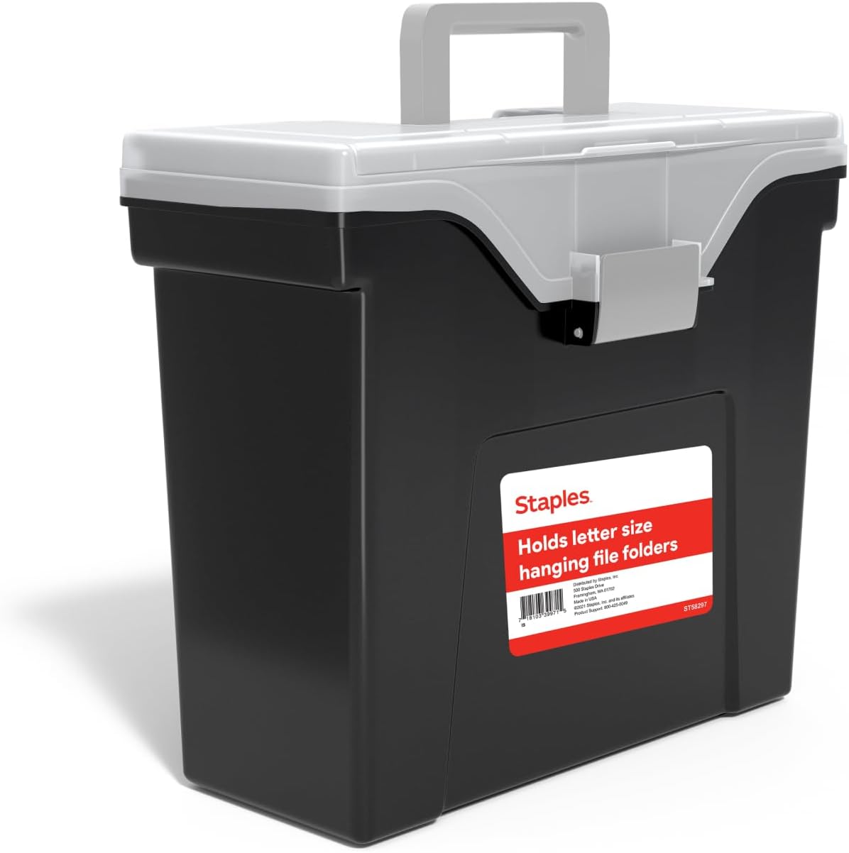 STAPLES File Folder Tote, Portable Filing Box for Letter SIze Hanging Folders, Security Latch & Built-In Lid Organizer, Black/Clear