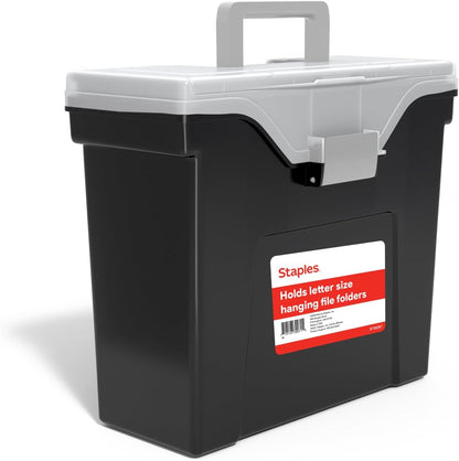 STAPLES File Folder Tote, Portable Filing Box for Letter SIze Hanging Folders, Security Latch & Built-In Lid Organizer, Black/Clear
