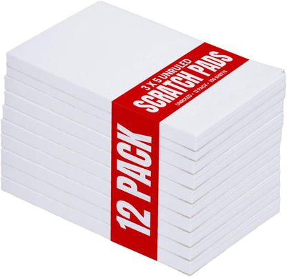 1InTheOffice Memo Pads, Memo Note Pads, Unruled Glued Top White Scratch Pads, 3x5, 100 Sheets, 12/Pack