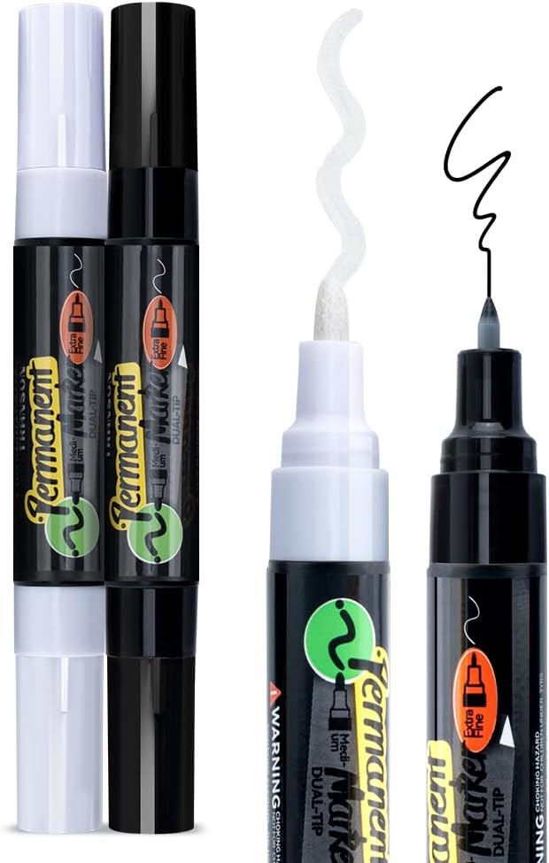 TRANSON Black and White Bold Tip and Extra Fine Tip Paint Markers Waterproof Oil Paint pen