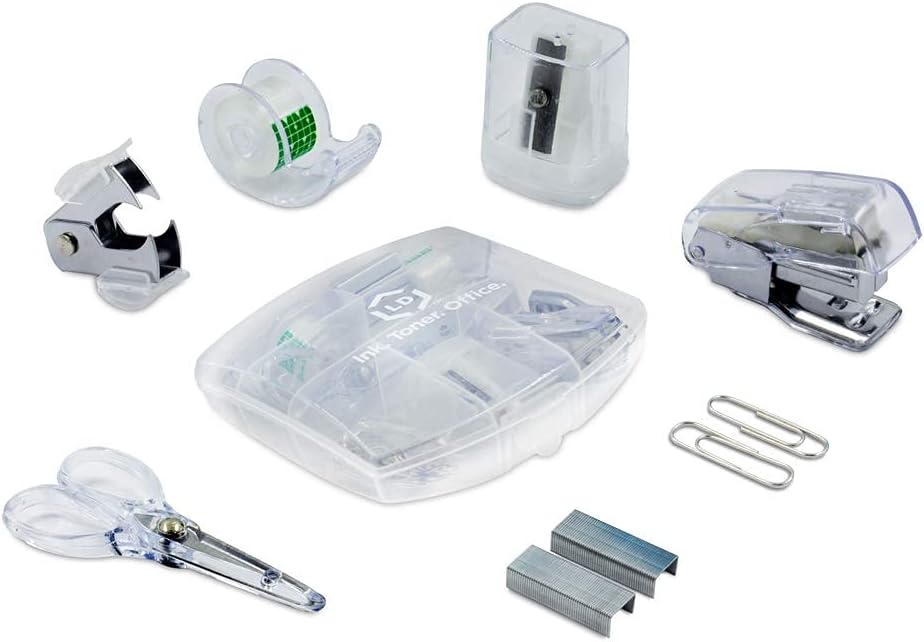 LD Products Blue Mini Office Supply Kit Portable Case with Scissors, Paper Clips, Tape Dispenser Set, Pencil Sharpener, Mini Stapler with Staples and Staple Remover