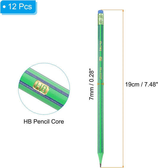 PATIKIL Round Pencils, 12 Pcs HB Graphite Pencil Wooden Pencils with Eraser for Classroom Office Writing Drawing Supplies, Green Black