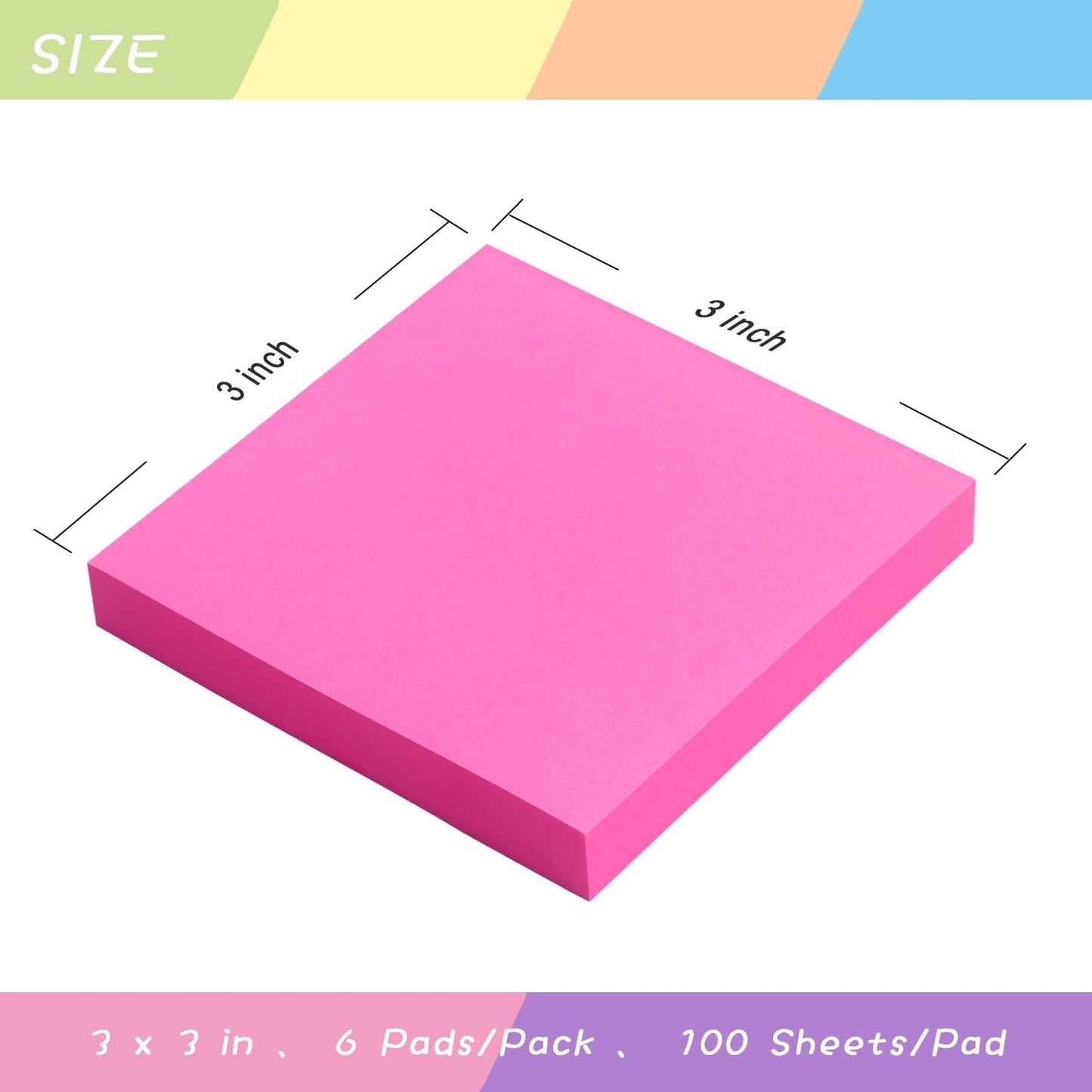 Sticky Notes 3x3 Self-Stick Notes Pads with 6 Bright Colors, Easy to Post for Office, Shool, Home, 6 Pads/Pack, 100 Sheets/Pad (Purple)