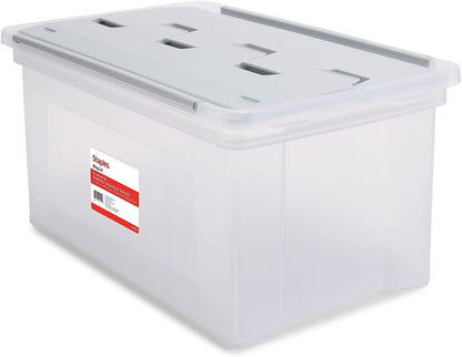 STAPLES Plastic File Box with Snap Lid, Letter/Legal Size, Clear, 4/Carton