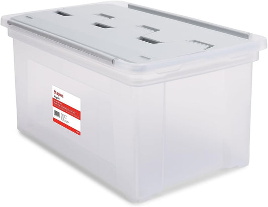 STAPLES Plastic File Box with Snap Lid, Letter/Legal Size, Clear, 4/Carton