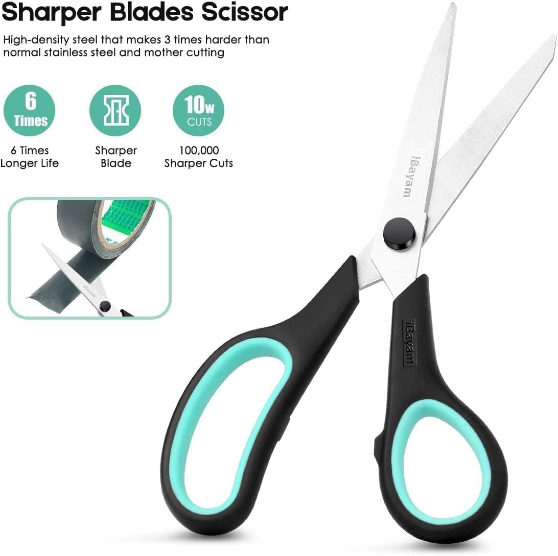 Scissors, iBayam 8" All Purpose Scissors Bulk 3-Pack, Ultra Sharp 2.5mm Thick Blade Shears Comfort-Grip for Aesthetic Fun Cute School Office Teacher Desk Crafts and Art Supplies Accessories Essential