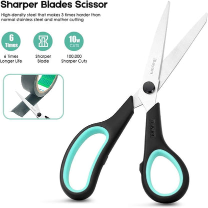Scissors, iBayam 8" All Purpose Scissors Bulk 3-Pack, Ultra Sharp 2.5mm Thick Blade Shears Comfort-Grip for Aesthetic Fun Cute School Office Teacher Desk Crafts and Art Supplies Accessories Essential