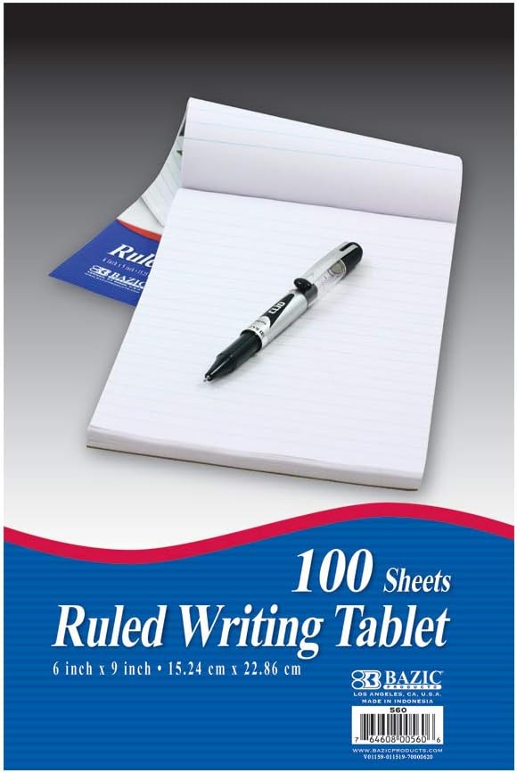 BAZIC Products Writing Pad 100 Sheets 6" x 9" – Writing Pad With Durable Lined Note Pads, Smooth Writing Paper, and Easy-tear Paper Pads; Compact Note Pads and Writing Pads for Office, School, or Home, 1-pack