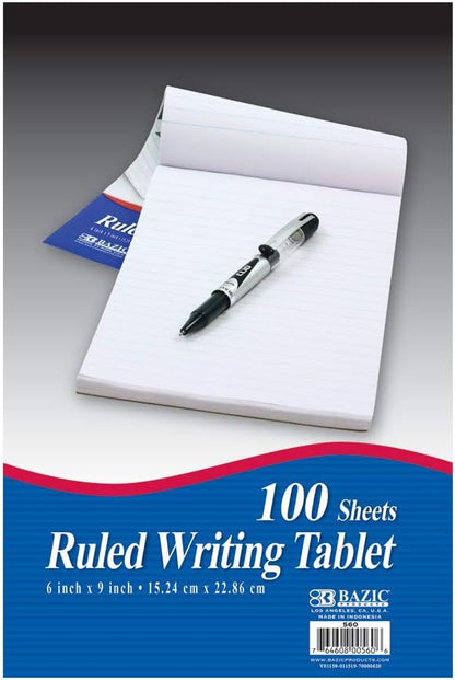 BAZIC Products Writing Pad 100 Sheets 6" x 9" – Writing Pad With Durable Lined Note Pads, Smooth Writing Paper, and Easy-tear Paper Pads; Compact Note Pads and Writing Pads for Office, School, or Home, 1-pack