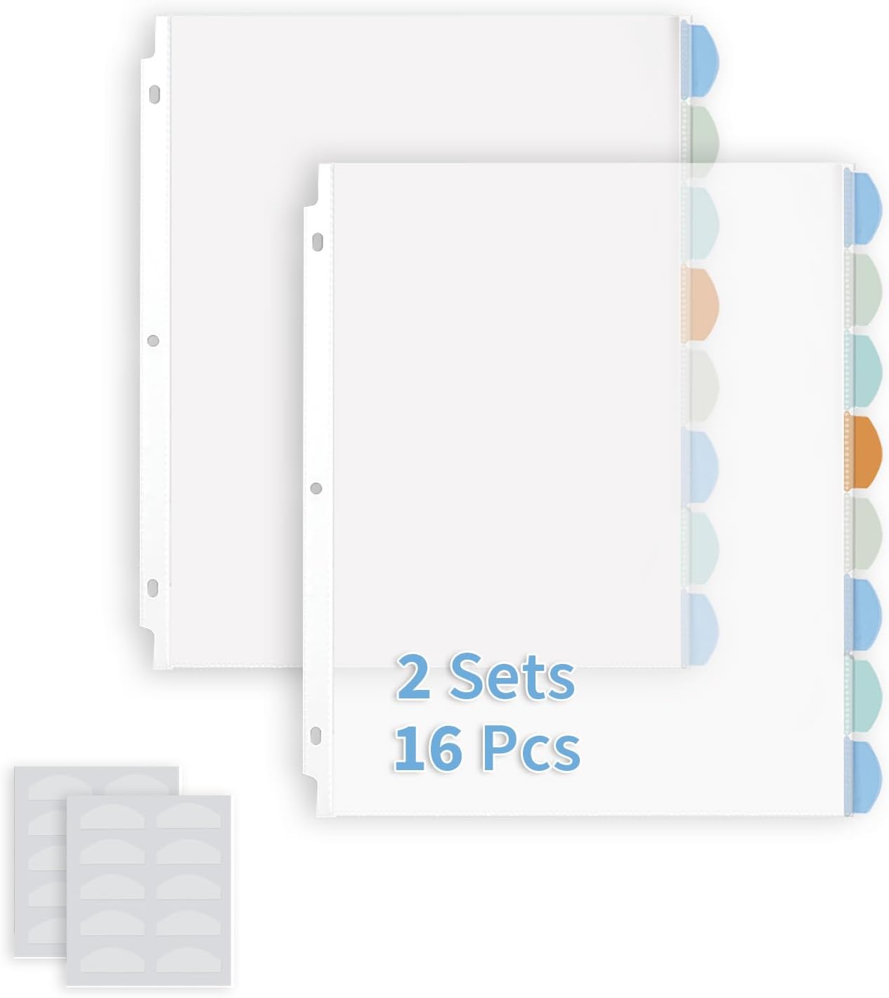 Binditek 128 Pack Heavyduty Clear Sheet Protectors with 8 Tabs, 45 Sheets Capacity, 8.5 x 11 inch Plastic Dividers for 3 Ring Binder, Insertable Index Divider, Letter Size, 16 Set, Label Sticker