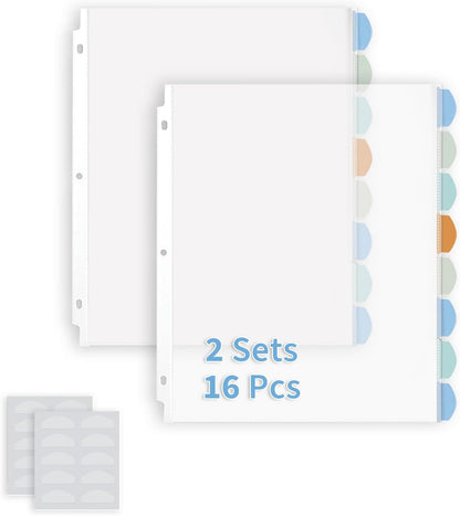 Binditek 128 Pack Heavyduty Clear Sheet Protectors with 8 Tabs, 45 Sheets Capacity, 8.5 x 11 inch Plastic Dividers for 3 Ring Binder, Insertable Index Divider, Letter Size, 16 Set, Label Sticker