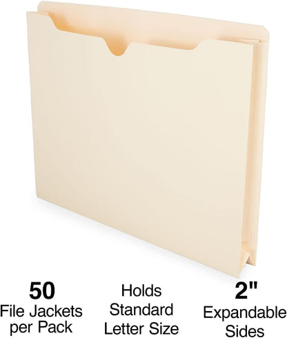 Staples Jacket File Folders, Letter Size, Manila, 2‑Inch Expandable Sides, Heavy‑Duty Construction – 50/Pack