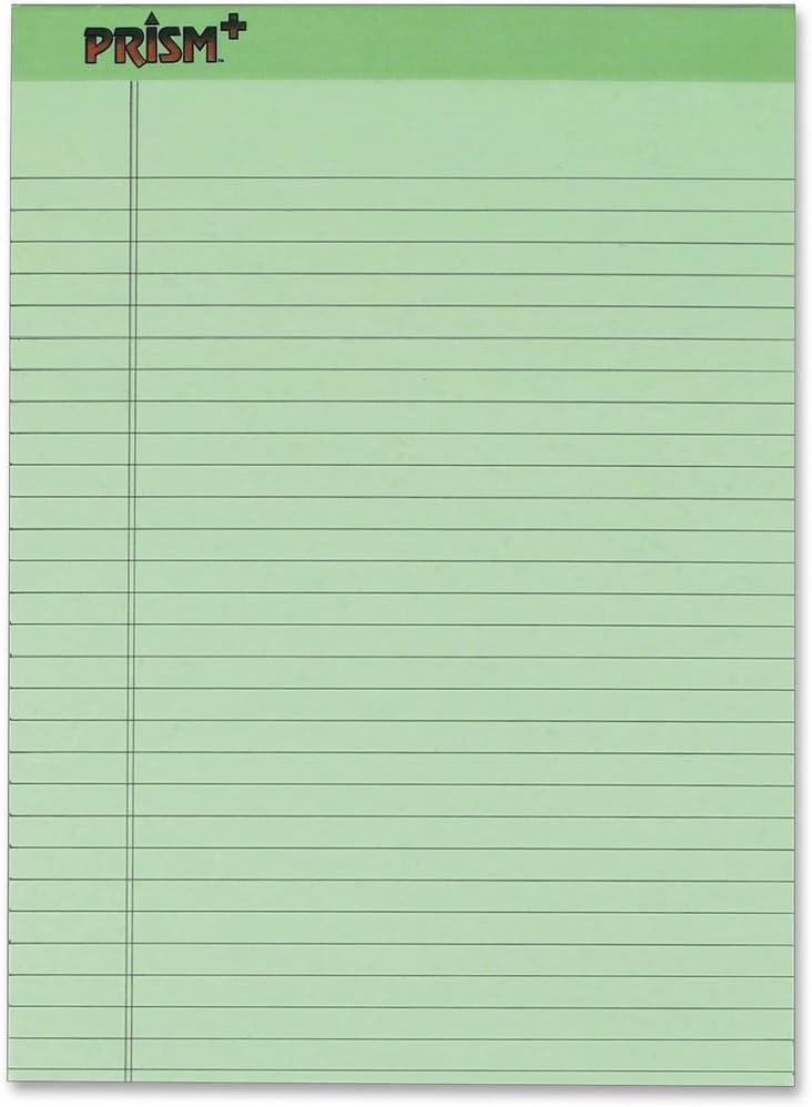 Tops Prism Plus 100% Recycled Legal Pad, 8-1/2 x 11-3/4 Inches, Perforated, Green, Legal/Wide Rule, 50 Sheets per Writing Pad, 12 Pads per Pack (63190)