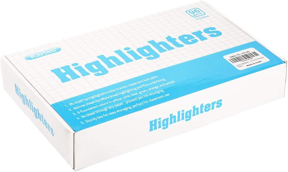 Rarlan Highlighters, Chisel Tip, Assorted Fluorescent, 96 Count Bulk Pack