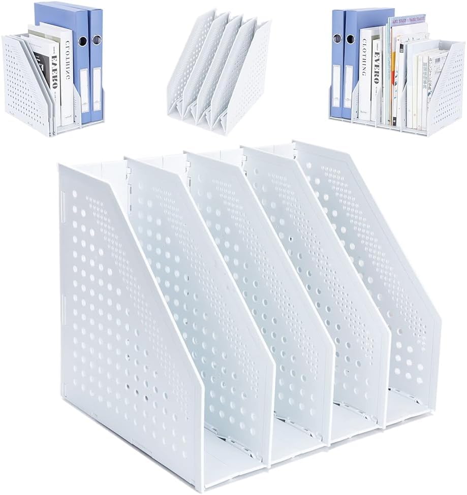 FRETONBA Collapsible Magazine File Holder with 2 Vertical Compartments Foldable Binder Holder for Desk Binder Storage Organizer Plastic Magazine Holders for Shelf, Light Gray