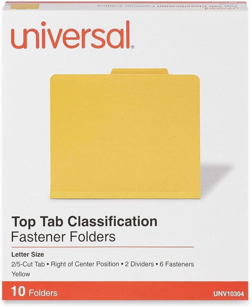 Universal Pressboard Classification Folders, Letter, Six-Section, Yellow, 10/Box (10304)